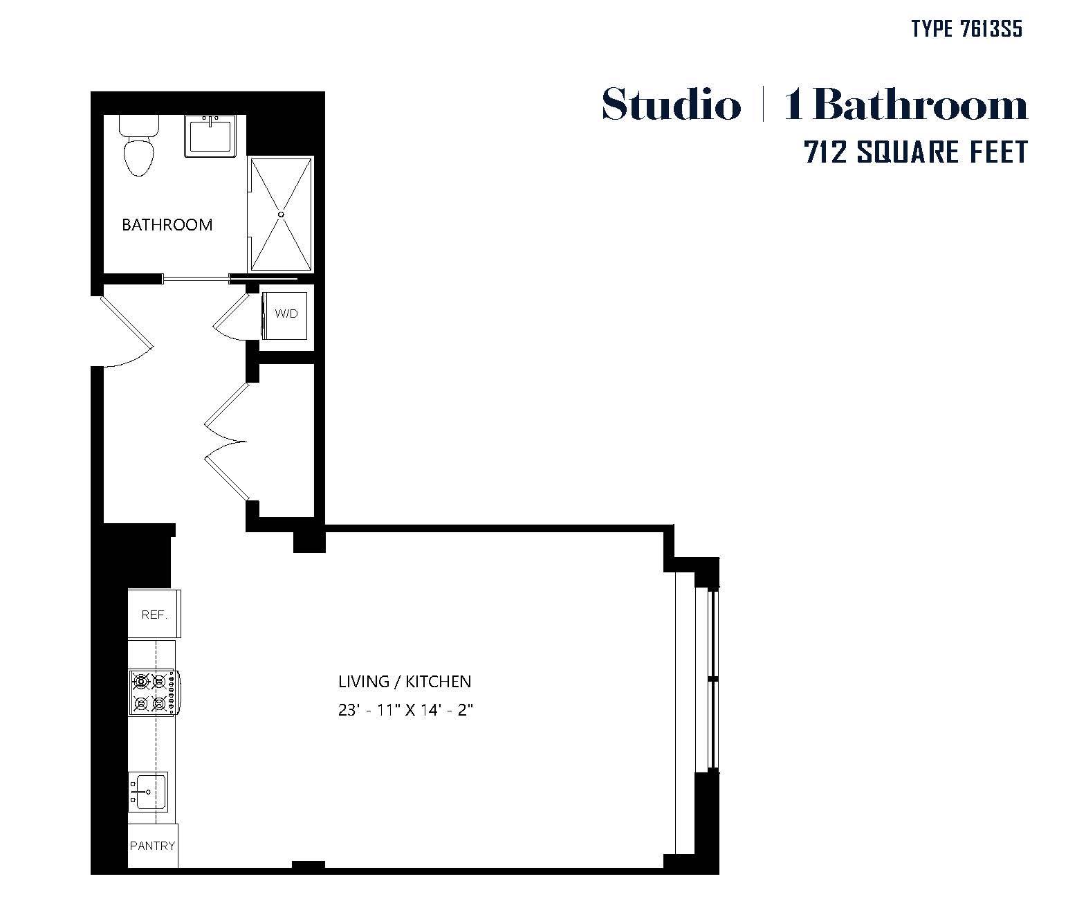 A floor plan of a studio apartment with one bathroom.