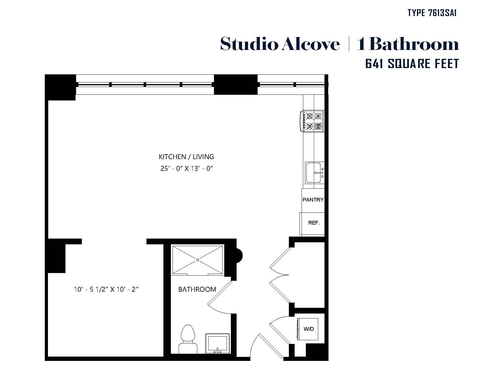 A floor plan for a Studio Alcove with 1 Bathroom.