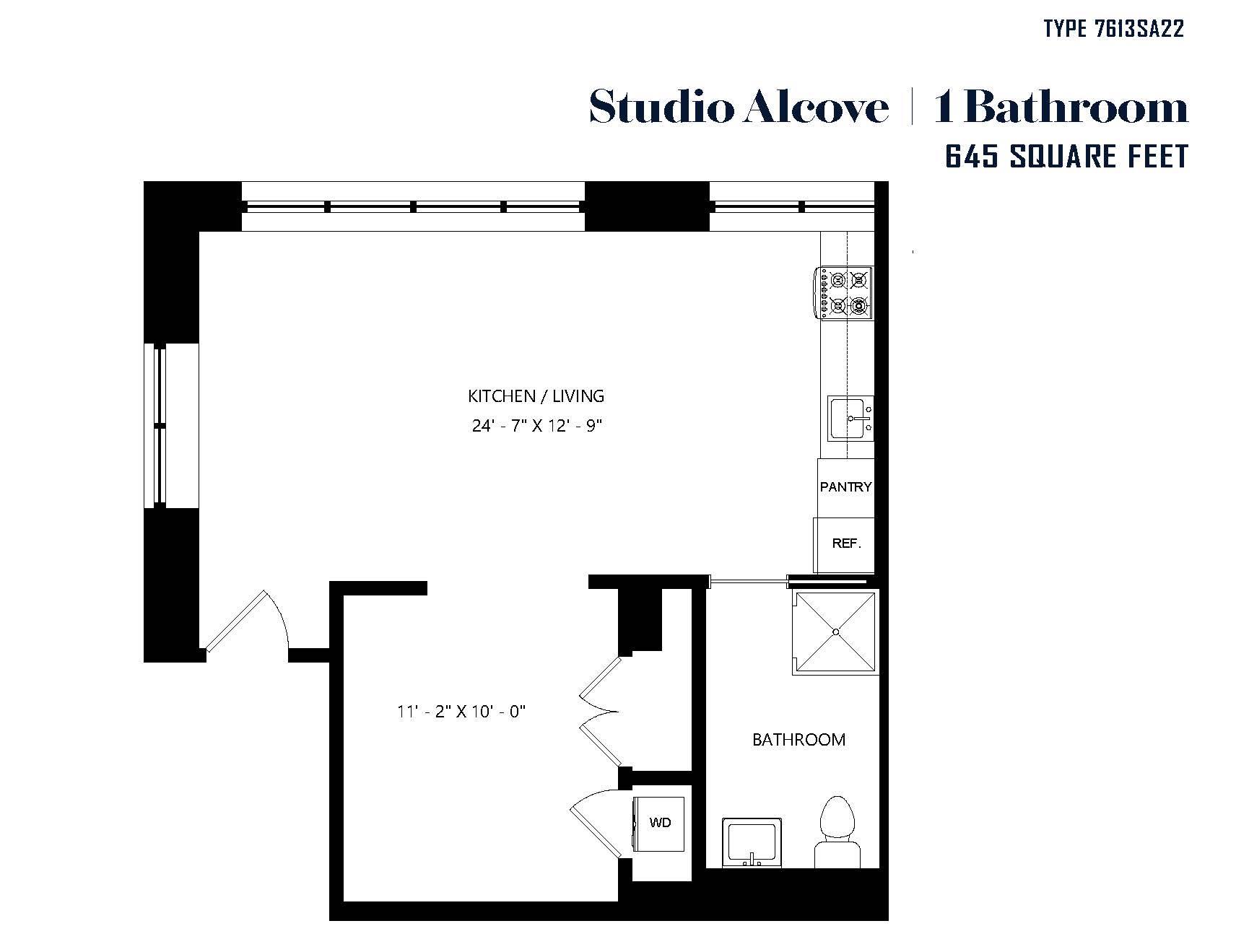 A floor plan for a Studio Alcove with a bathroom.