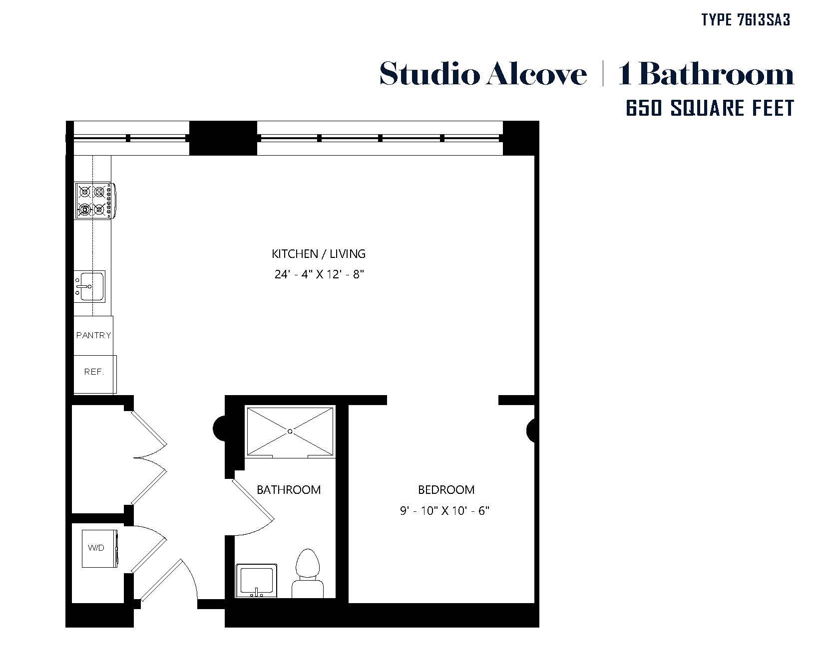 A floor plan of a Studio Alcove with 1 Bathroom.