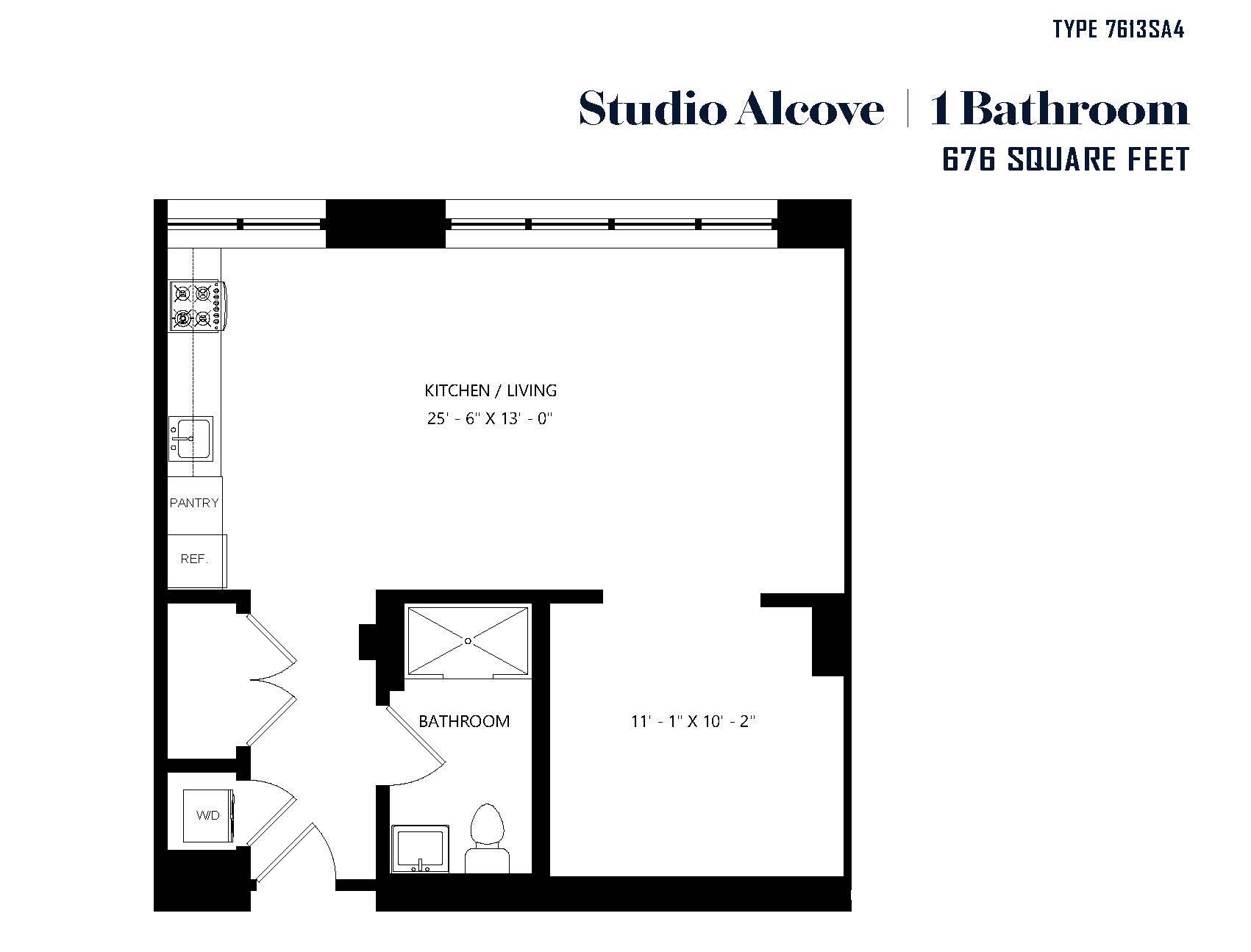 A floor plan for a Studio Alcove with a 1 Bathroom.