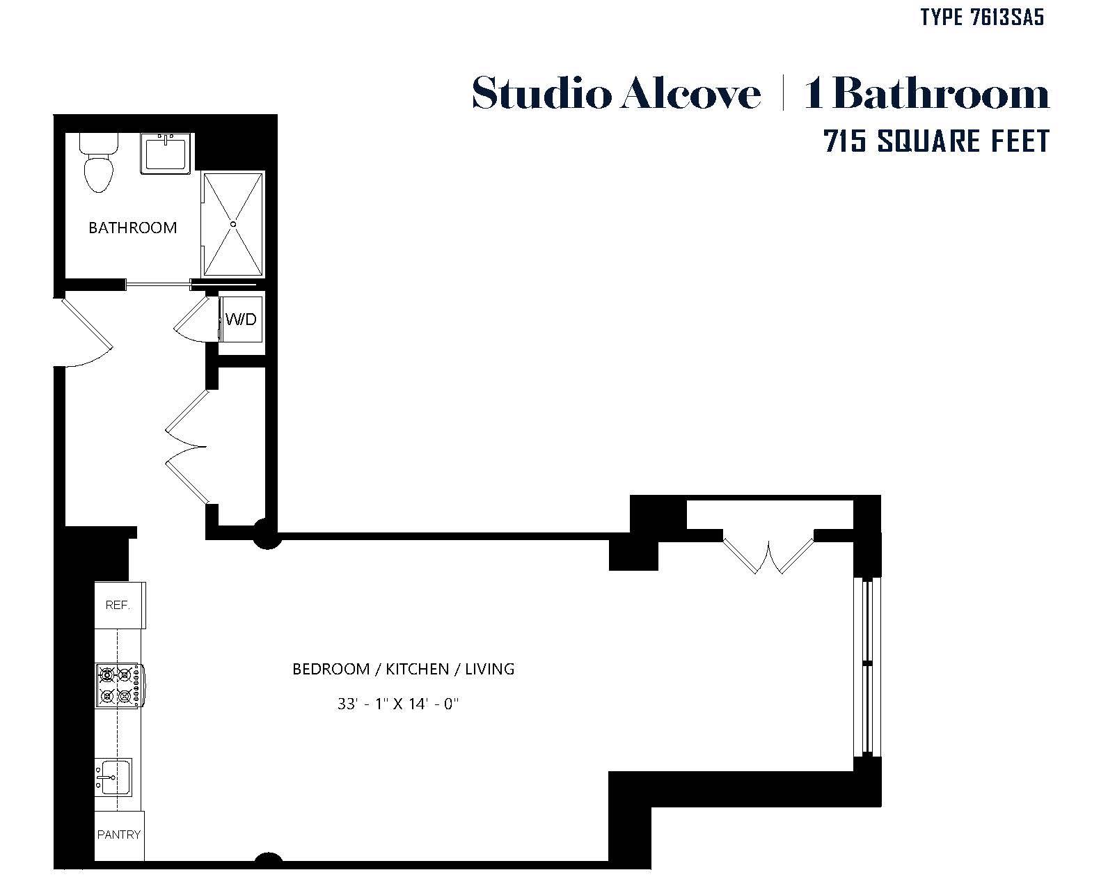 A floor plan for a studio alcove with one bathroom and a combined bedroom, kitchen, and living room.