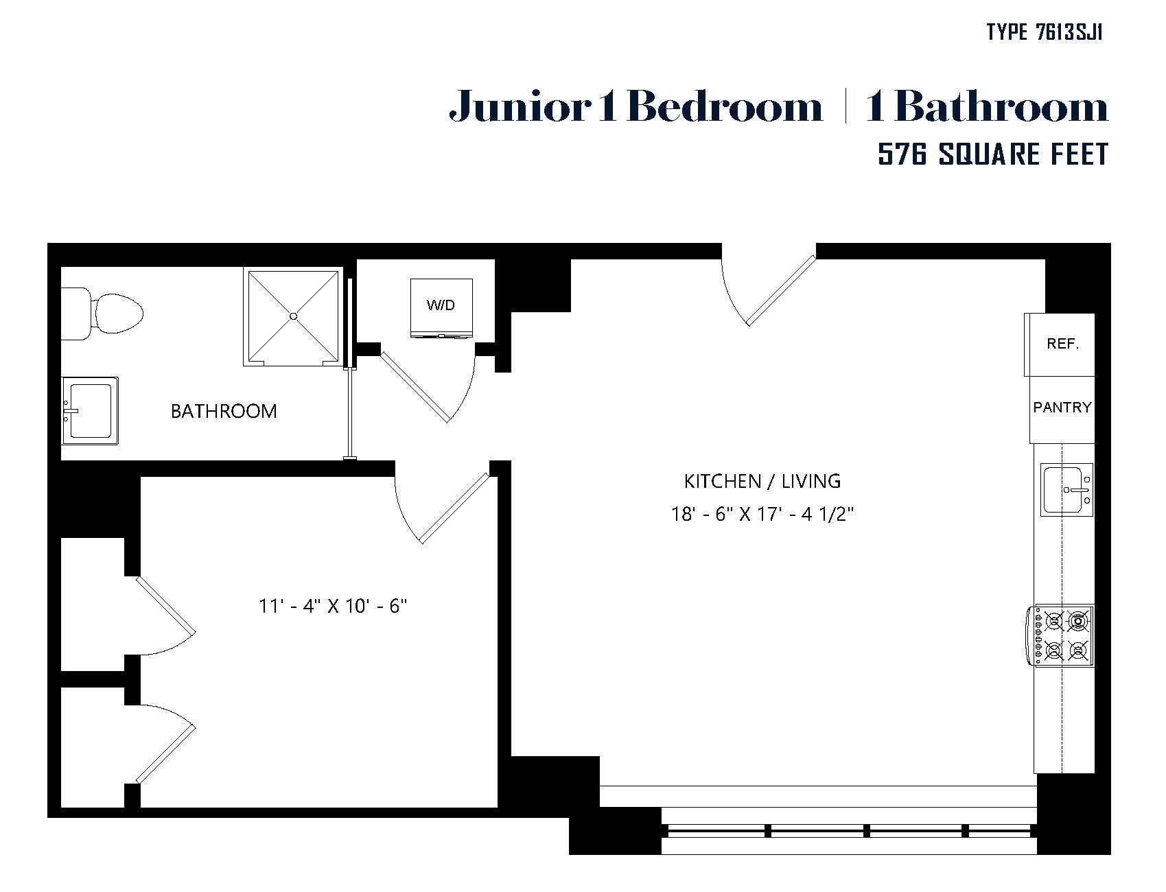 A floor plan of a junior one bedroom apartment with a bathroom and a kitchen.