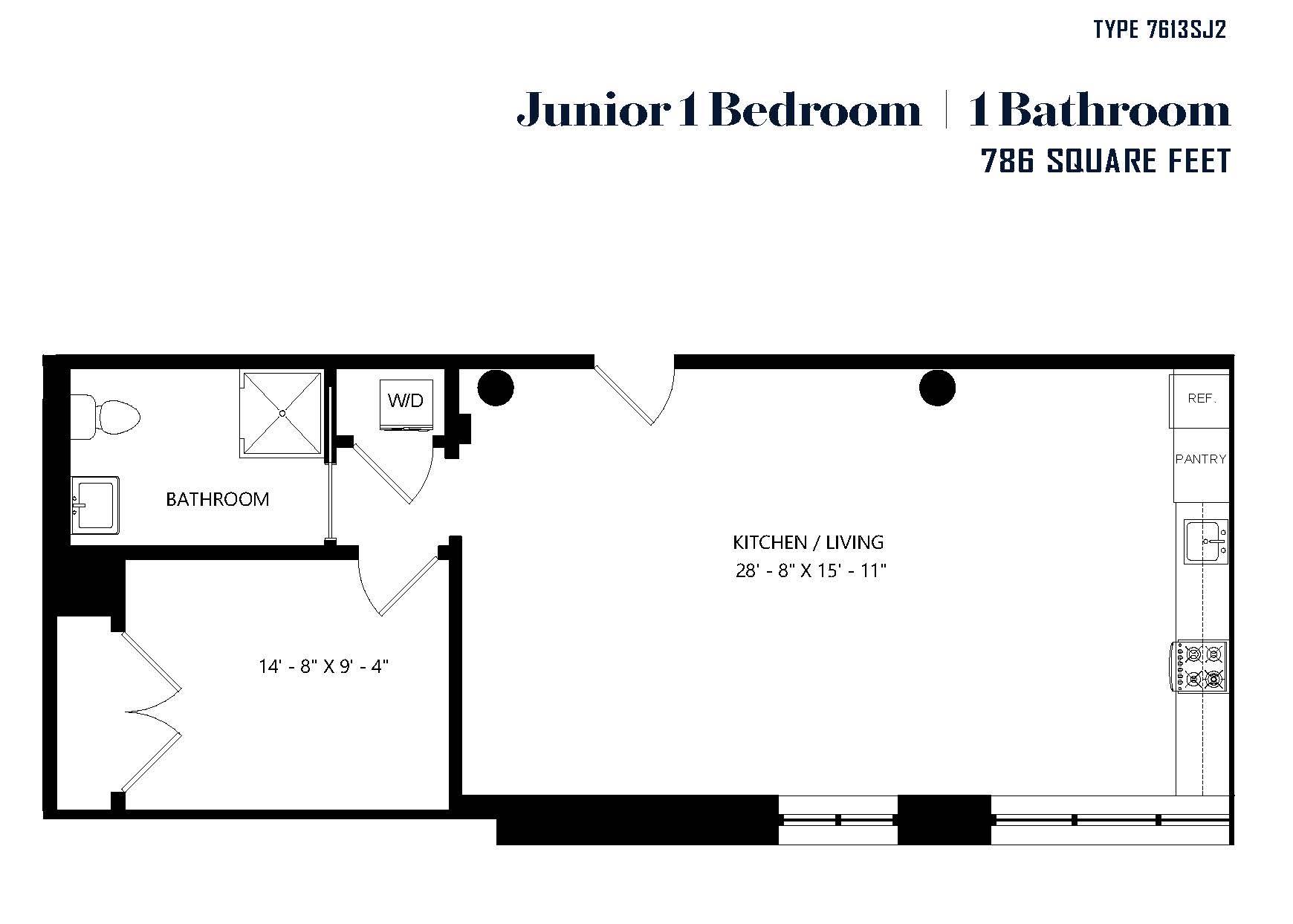 A floor plan of a junior one bedroom apartment with a bathroom.