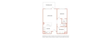A diagram of a house layout with a living area, kitchen, bedroom, bathroom and closet.