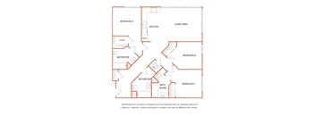 A diagram of a house layout with three bedrooms, a kitchen, a bathroom and a living area.