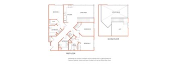 A floor plan of a house with a living area, kitchen, and three bedrooms.