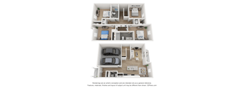 A 3D floor plan of a 4-bedroom home with a garage for two cars.