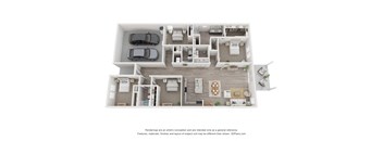 A 3D floor plan of a 4-bedroom home with a garage for two cars.