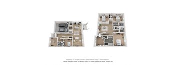 A 3D floor plan of a 4-bedroom home with a garage for two cars.