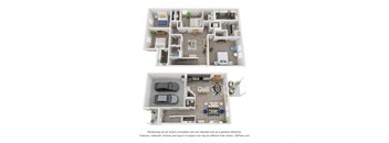 A 3D floor plan of a 4-bedroom home with a garage for two cars.