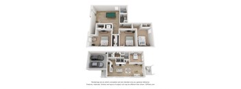 A 3D floor plan of a 4-bedroom home with a garage for two cars.