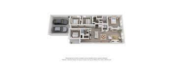A 3D floor plan of a 4-bedroom home with a garage for two cars.