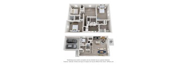 A 3D floor plan of a 4-bedroom home with a garage for two cars.