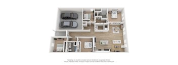 A 3D floor plan of a 4-bedroom home with a garage for two cars.