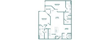A floor plan of a home with two bedrooms, a balcony, a living room, a kitchen, a dining area, and bathrooms.