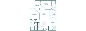 A floor plan of a house with a living room, kitchen, two bedrooms, a balcony, and a dining area.