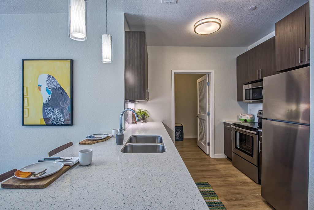 kitchen with stainless steel appliances and granite countertops at the preserve at polk apartments