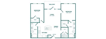 A floor plan of a house with two bedrooms, a living room, a dining room, a kitchen, a bathroom, and an entry.
