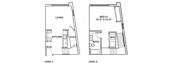 A floor plan shows a living area, kitchen, and bedroom on the first level and a bathroom and second bedroom on the second level.