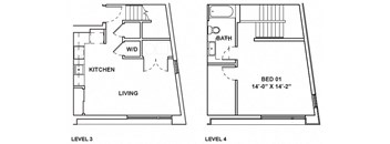 A floor plan shows a living area, a kitchen, a bathroom, and a bedroom on the second floor.