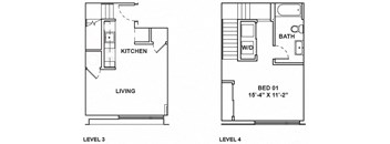 A floor plan shows a living area and a bedroom on the first floor and a kitchen on the second.