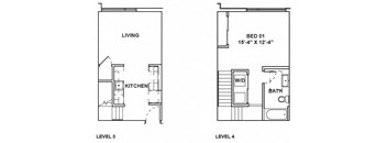 A floor plan shows a living area, kitchen, and bedroom on the second floor.