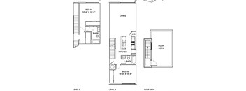 A set of three architectural drawings show the layout of a bedroom, a living room, and a roof deck.
