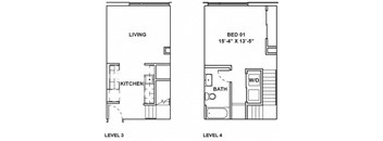 A floor plan shows a living area and a bedroom on the first level and a kitchen on the second level.