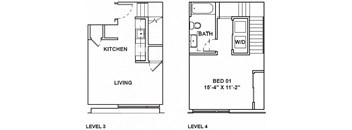 A floor plan shows a living area with a kitchen and a bedroom with a bathroom.