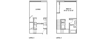 A drawing shows a floor plan for a two-level home with a living room, kitchen, and bedroom.