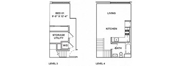 A floor plan shows a bedroom, a kitchen, a bathroom, and a storage utility area.