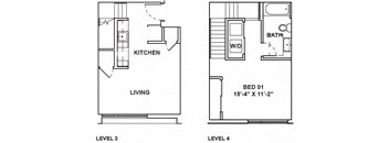 A floor plan shows a living area with a kitchen and a bedroom with a bathroom.