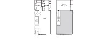A floor plan shows a bedroom, a bathroom, a kitchen, and a living room.