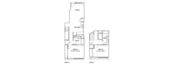 A floor plan shows a living area, kitchen, bathroom, and two bedrooms on the first level and a walk-in closet on the second level.