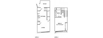 A floor plan shows a living area with a kitchen and a bedroom on the second floor.