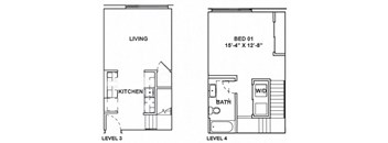 A floor plan shows a living area, kitchen, and bedroom on the first floor and a bathroom on the second.