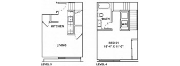 A floor plan shows a living area, kitchen, and bedroom on the second floor.