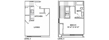 A floor plan shows a living area and a bedroom on the second floor.