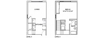 A drawing of a two level home with a living room, kitchen, and bedroom.