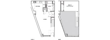 A floor plan of a two level home with a living room, kitchen, bathroom, and bedroom.
