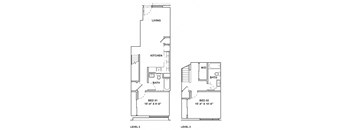 A drawing of a two level home with a living room, kitchen, bathrooms and two bedrooms.