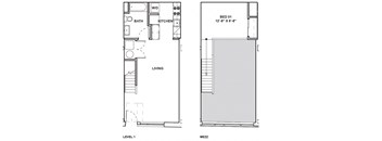 A floor plan shows a bedroom, a bathroom, a kitchen, and a living room.