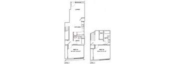A floor plan shows two levels of a home with labeled rooms such as a kitchen and two bedrooms.