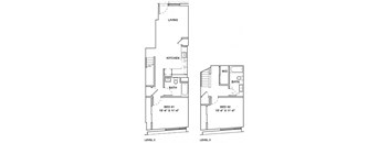 A floor plan shows two bedrooms, a living area, a kitchen, and bathrooms on the first and second levels.