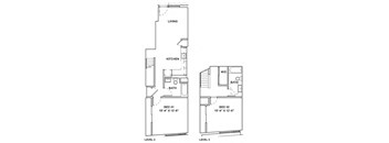 A floor plan shows a living area, a kitchen, two bathrooms, and two bedrooms.