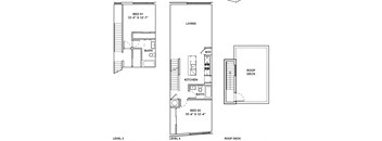 A drawing of a house with a living room, kitchen, and two bedrooms.