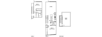 A drawing of a house with two bedrooms and a roof deck.