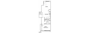 A floor plan of a two-level home with a living room, kitchen, bathroom, and a bedroom.