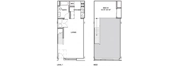 A floor plan shows a bedroom, bathroom, kitchen, and living room.